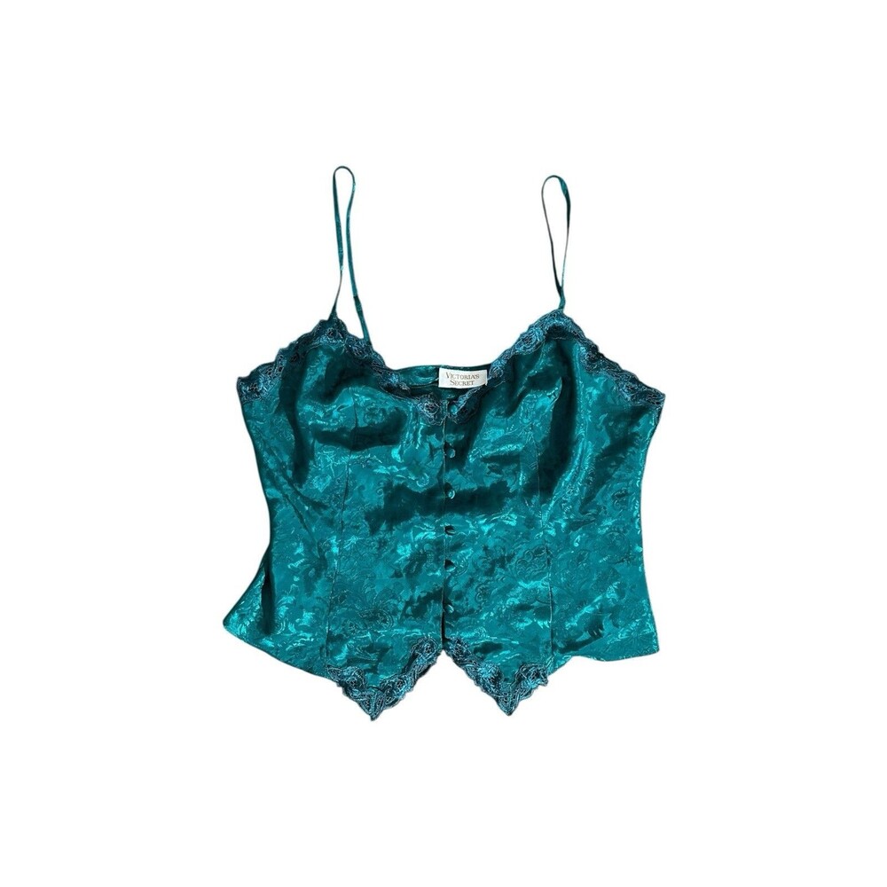 Victoria’s Secret Gold Label Vtg Green Satin Button Up Lace Camisole Top L Lace